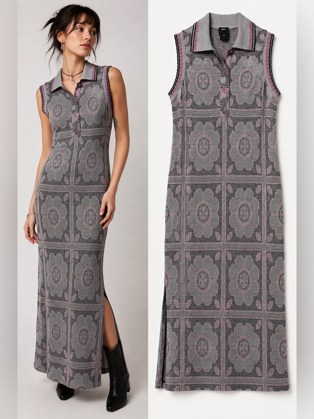 Anna Sui Metallic Floral Knit Maxi Dress M Y2K Mod Sleeveless Polo Made USA